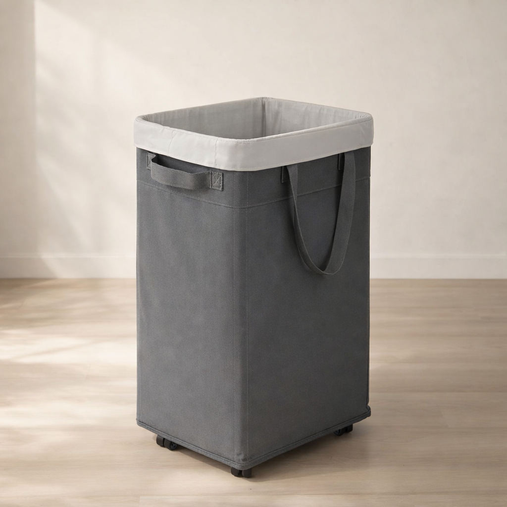 Gray laundry basket with a white lid on a wooden floor.
