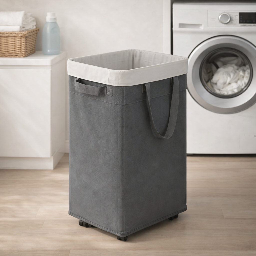 Gray laundry basket with a white lid on a wooden floor 2