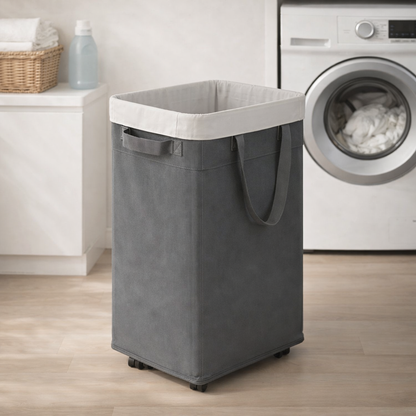Gray laundry basket with a white lid on a wooden floor 2