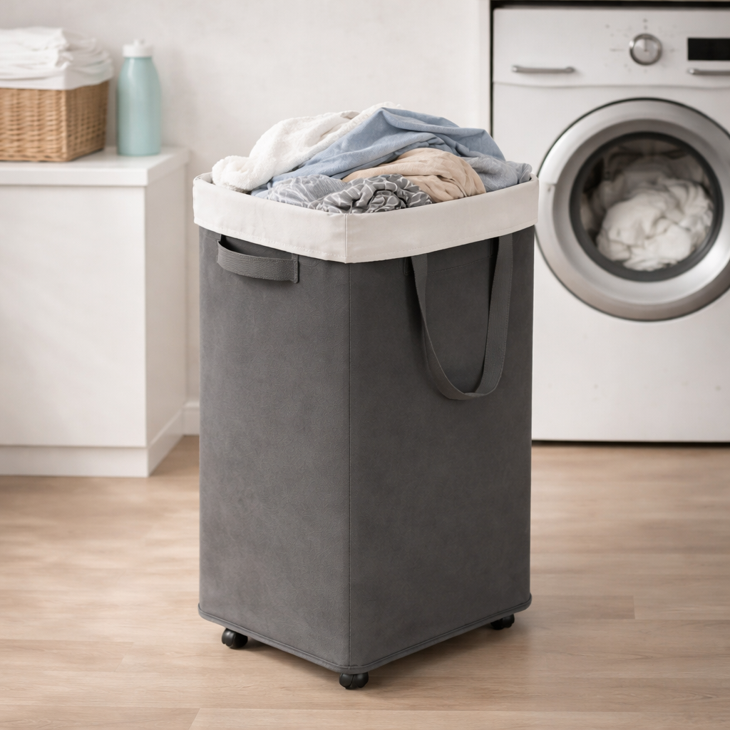 Gray laundry basket with a white lid on a wooden floor 1