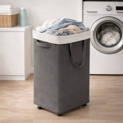Gray laundry basket with a white lid on a wooden floor 1