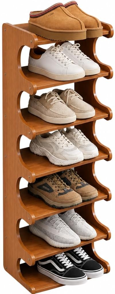 4–7 Tier Bamboo Shoe Rack Organizer, Multi-Layer Shoe Shelf for Entryway or Closet, Space-Saving Storage Stand, Natural Wood Finish (7 Layers)