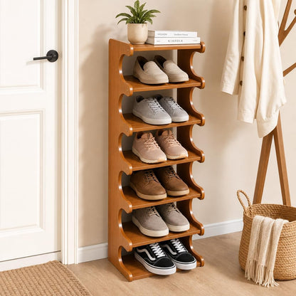 4–7 Tier Bamboo Shoe Rack Organizer, Multi-Layer Shoe Shelf for Entryway or Closet, Space-Saving Storage Stand, Natural Wood Finish (7 Layers)