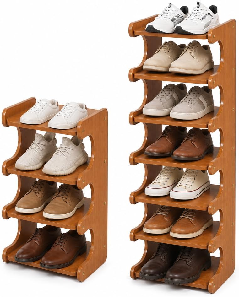 4–7 Tier Bamboo Shoe Rack Organizer, Multi-Layer Shoe Shelf for Entryway or Closet, Space-Saving Storage Stand, Natural Wood Finish (7 Layers)