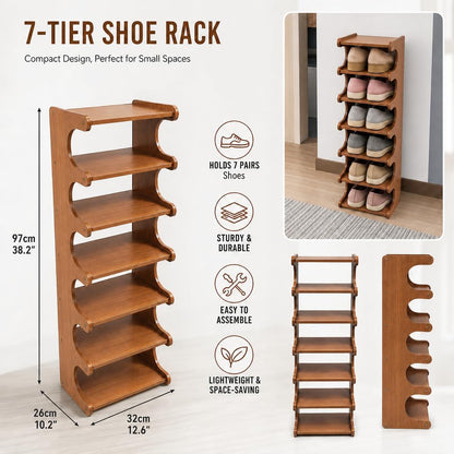 4–7 Tier Bamboo Shoe Rack Organizer, Multi-Layer Shoe Shelf for Entryway or Closet, Space-Saving Storage Stand, Natural Wood Finish (7 Layers)