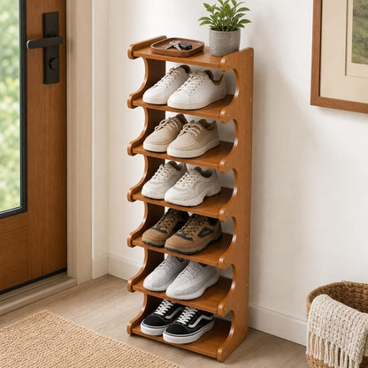 4–7 Tier Bamboo Shoe Rack Organizer, Multi-Layer Shoe Shelf for Entryway or Closet, Space-Saving Storage Stand, Natural Wood Finish (7 Layers)