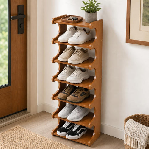 4–7 Tier Bamboo Shoe Rack Organizer, Multi-Layer Shoe Shelf for Entryway or Closet, Space-Saving Storage Stand, Natural Wood Finish (7 Layers)