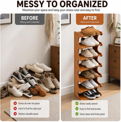 4–7 Tier Bamboo Shoe Rack Organizer, Multi-Layer Shoe Shelf for Entryway or Closet, Space-Saving Storage Stand, Natural Wood Finish (7 Layers)