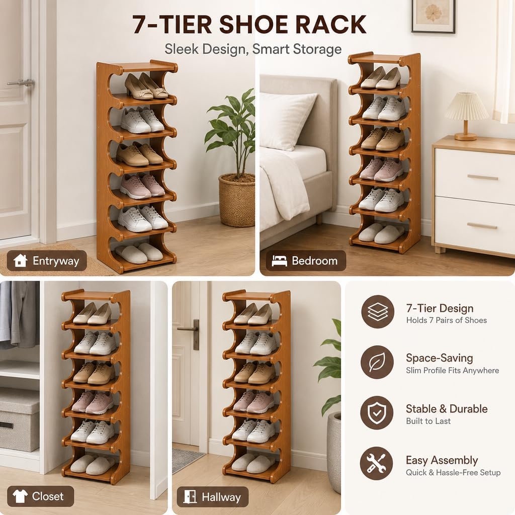 4–7 Tier Bamboo Shoe Rack Organizer, Multi-Layer Shoe Shelf for Entryway or Closet, Space-Saving Storage Stand, Natural Wood Finish (7 Layers)