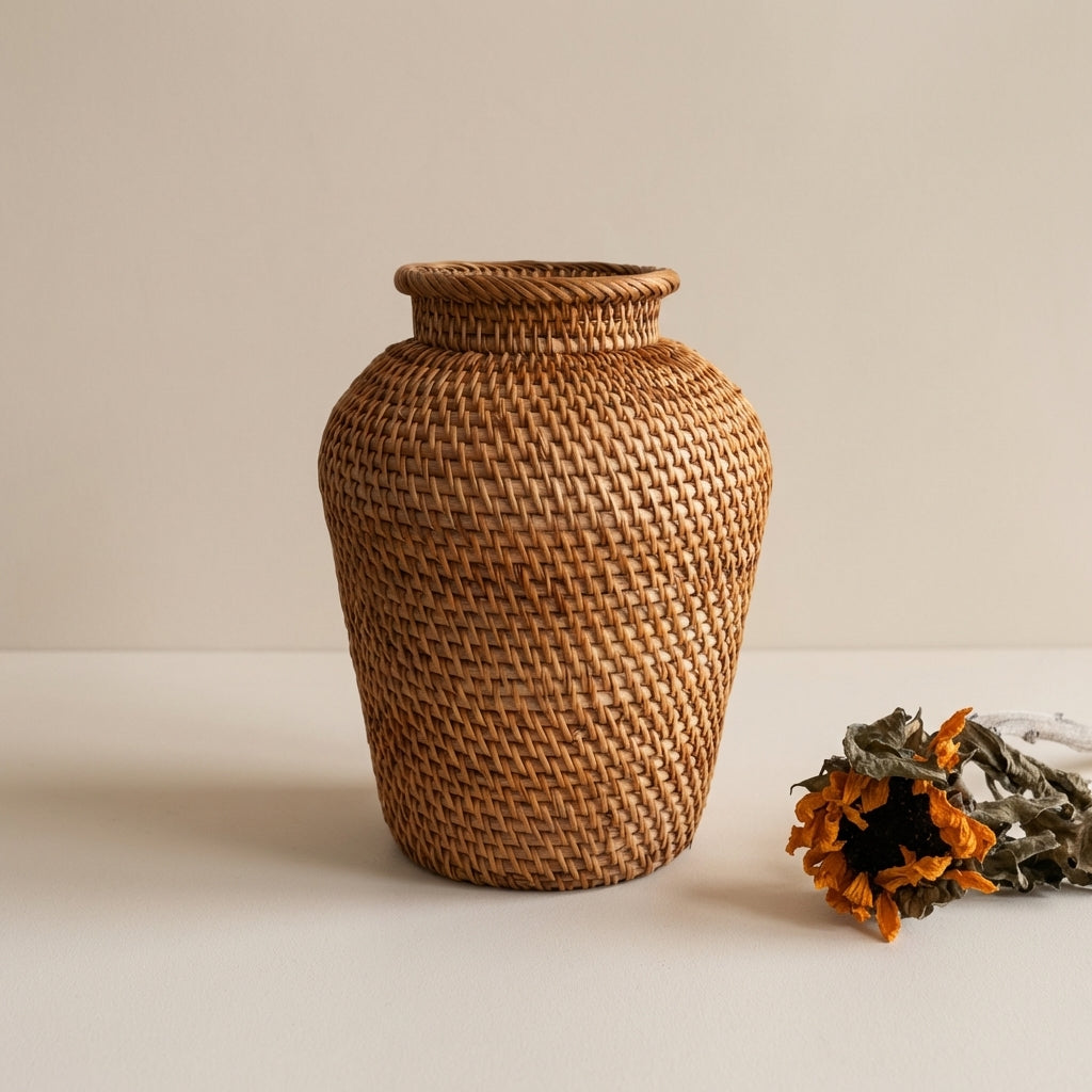 Decorative Vase Hand Woven Natural Rattan – Earthy Tone for Dried or Artificial Floral Arrangements 1