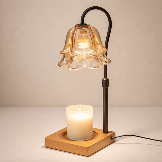 Floral Candle Warmer Table Lamp Electric Glass Shade with Wooden Base Adjustable Brightness and Timer