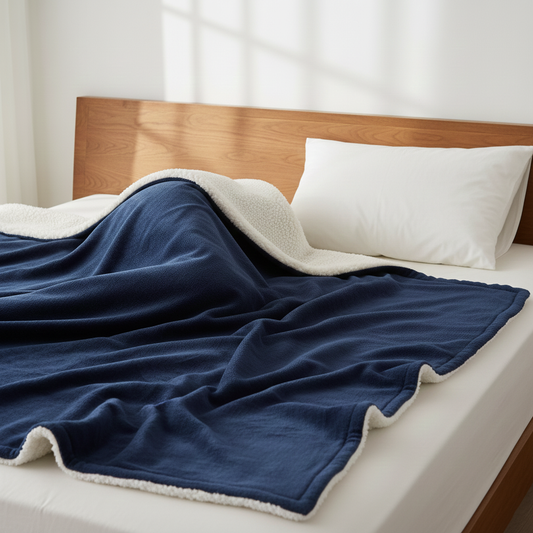 Blue blanket with white trim draped over a bed with a wooden headboard.