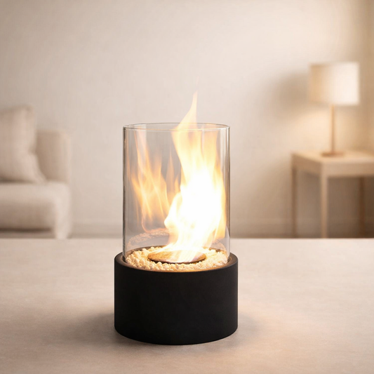 Portable Bioethanol Fireplace Glass Cylinder Tabletop Heater with Metal Base