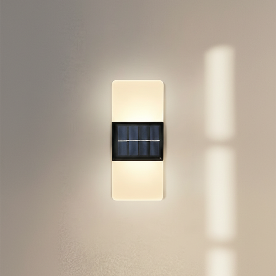 Modern wall light fixture with solar panel on a neutral background