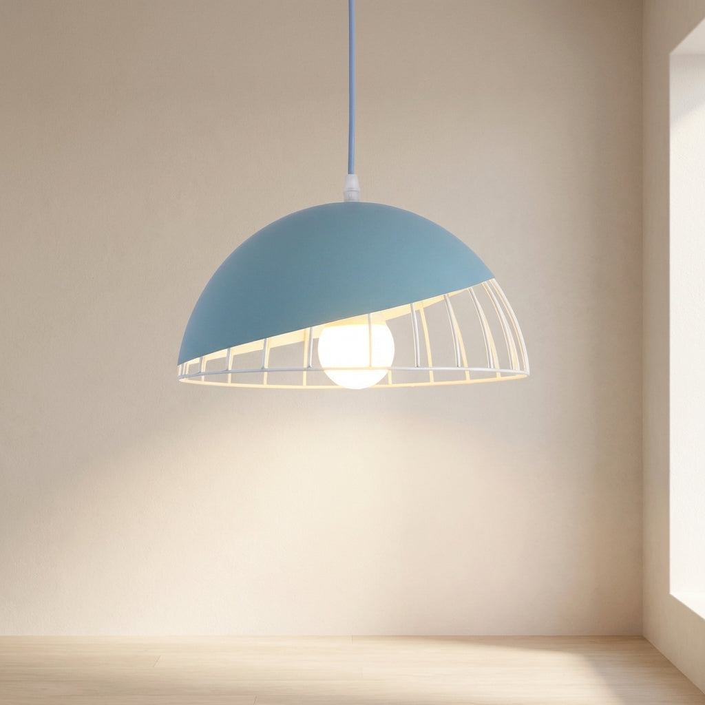 Blue pendant light hanging in a room with a neutral wall and window.