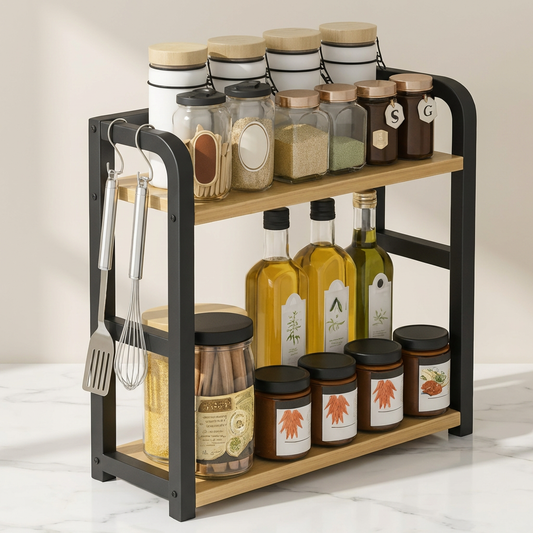 Kitchen spice rack with various jars and bottles on a light background