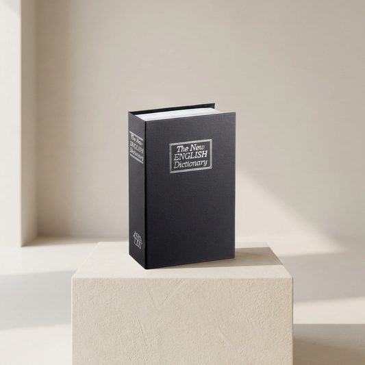 Black book titled 'The New English Dictionary' on a beige pedestal with a neutral background