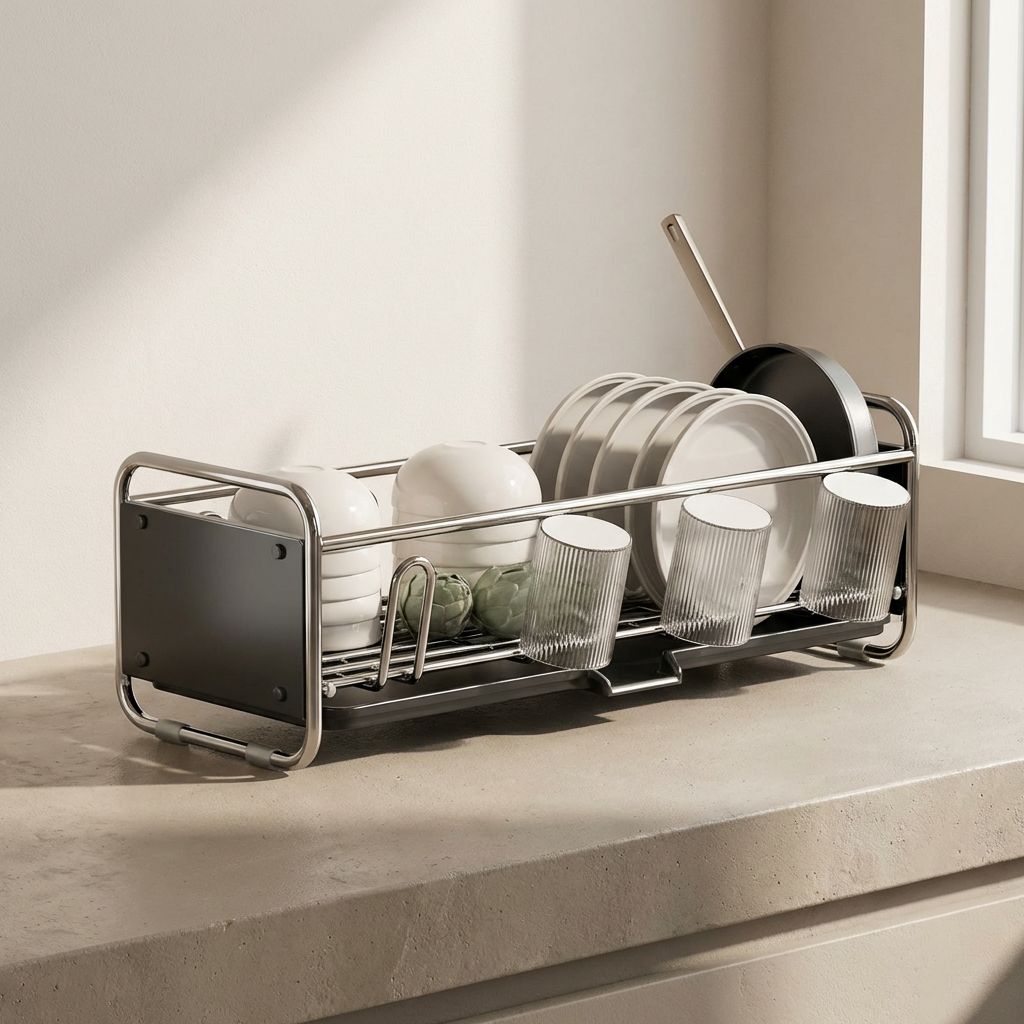 Dish rack with dishes on a kitchen counter