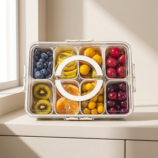 Bento box with compartments filled with various fruits on a light wooden surface.