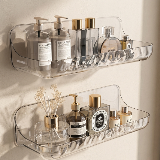 Clear wall-mounted shelves with various skincare products on a neutral background